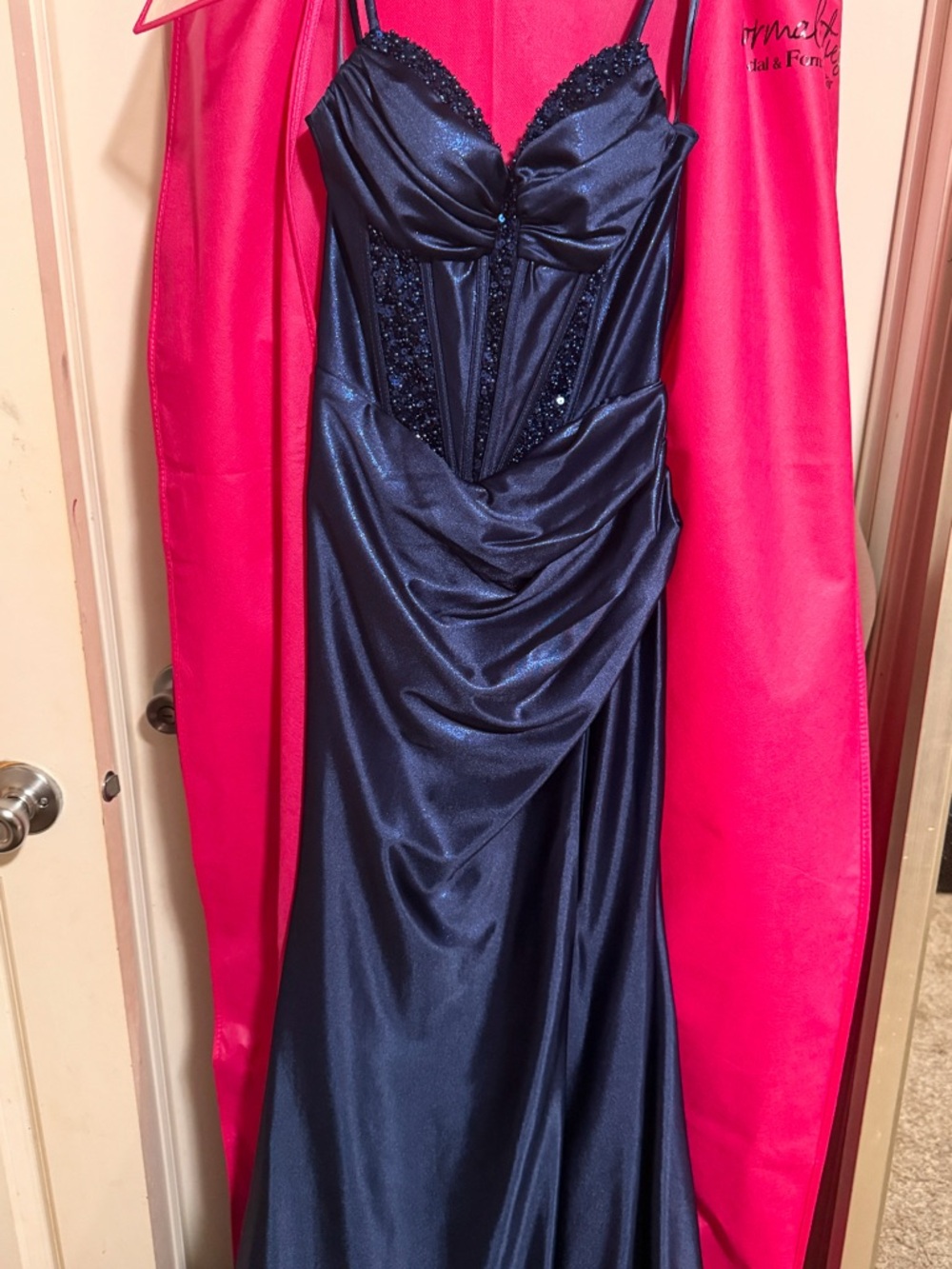 Navy Beaded Satin Prom Dress - Women